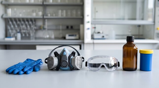 Essential Personal Protective Equipment and Laboratory Safety Gear Arranged on a White Workbench in a Professional Scientific Research Facility Environment
