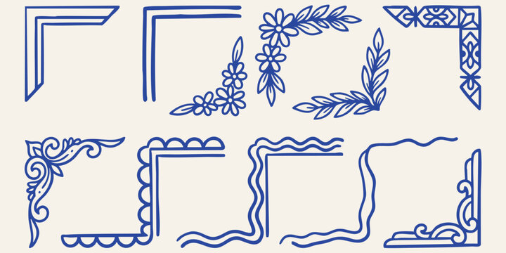 Hand drawn doodle corner accents with floral and geometric designs for decorative borders during invitations