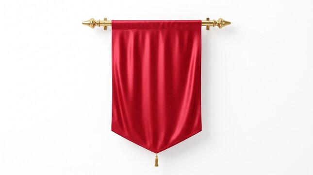 Red velvet banner or pennant hanging on a golden rod isolated on white background