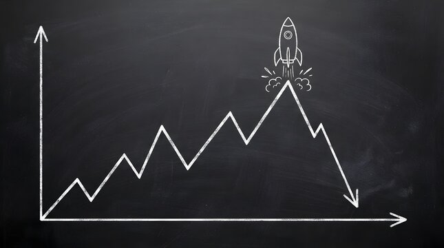 Business Growth Chart with Rocket Launching from the Peak Representing Startup Success and Financial Performance on Blackboard Background with Upward and Downward Trends