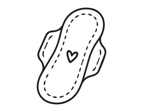Hand drawn doodle outline sanitary pad with central heart decoration, stitched dashed inner line, and flowing wing shaped accents in simple black line art