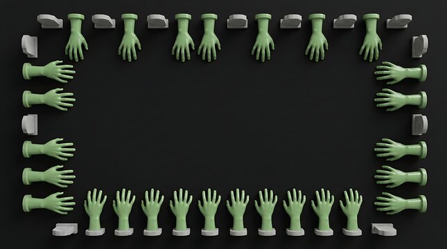 Zombie hands and tombstones border frame on black background