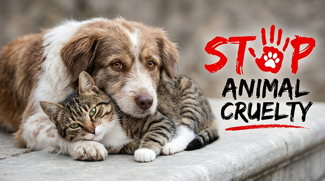 Stop animal cruelty campaign poster featuring a friendly dog and cat cuddling together