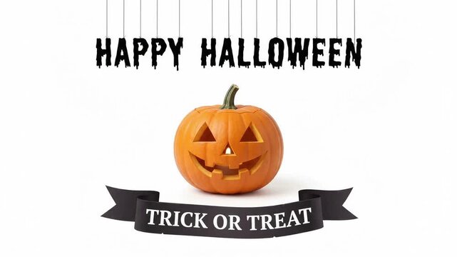 Animated Halloween greeting video with Jack-o'-lantern and trick or treat banner on white background
