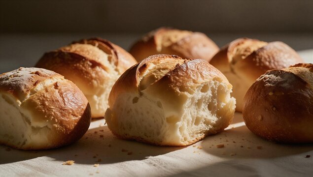 Fresh golden bread rolls with crisp crust and soft interior texture in dramatic side lighting setup