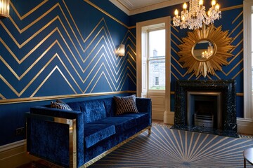 Obraz premium Luxurious blue velvet sofa in art deco room
