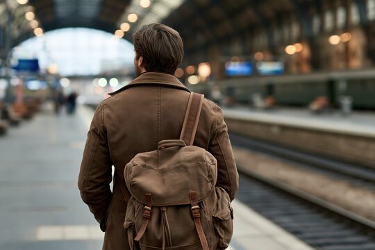Man with backpack standing on train station platform