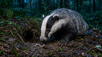European badger digging for an earthworm on a forest floor at night © Fotkrat