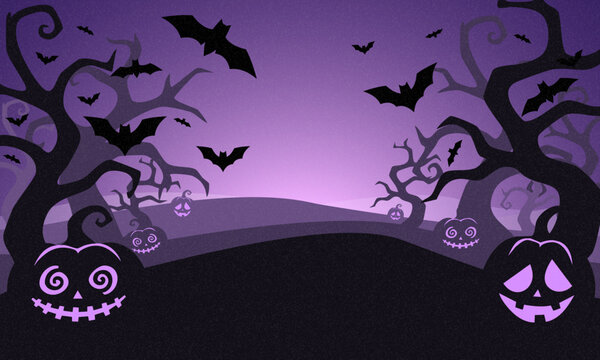 Happy Halloween holiday banner. Halloween scary vector illustration of field with pumpkins, trees and flying bats. Concept Halloween banner for cover, poster, card, social media, ads. Halloween design