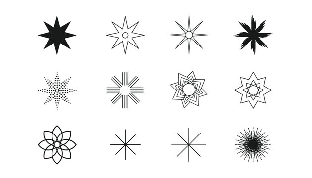 Twelve unique black and white abstract star icons and geometric shapes showcasing diverse creative design styles.