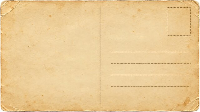 An empty, vintage postcard layout features aged yellowed paper, a central dividing line, address guidelines, and a designated stamp box.