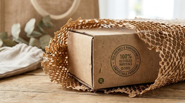 Sustainable Eco-Friendly Packaging: 100% Recycled Cardboard Box with Biodegradable Honeycomb Paper Wrap for Green E-commerce Shipping