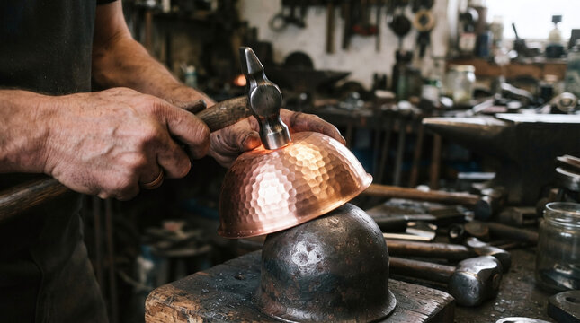 Coppersmith hands planishing glowing copper pot with polished hammer on anvil