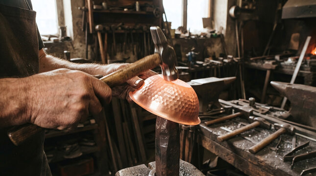 Coppersmith hands planishing glowing copper pot with polished hammer on anvil