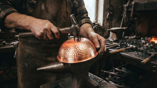 Coppersmith hands planishing glowing copper pot with polished hammer on anvil