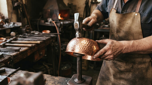 Coppersmith hands planishing glowing copper pot with polished hammer on anvil