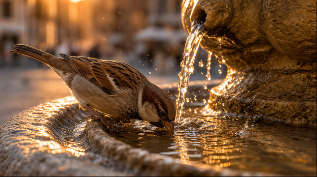 House sparrow drinking at a city fountain in warm golden light