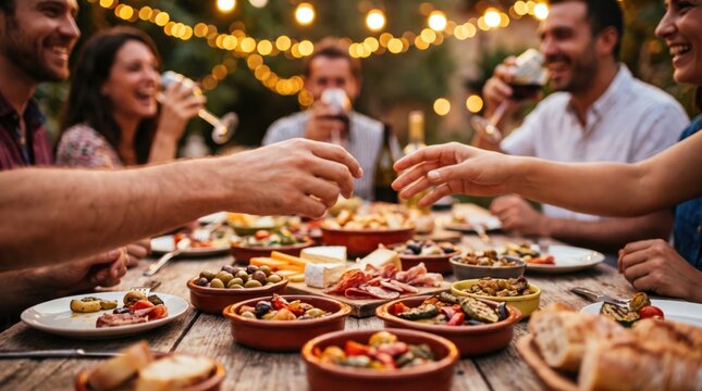 A group of close friends are happily socializing around a table filled with delicious tapas and refreshing drinks on a warm evening outdoors