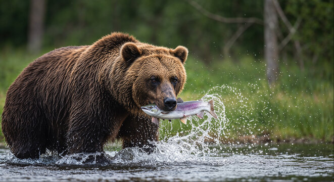 Brown bear catching a salmon in a river with a splash of water