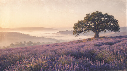 Lone oak tree above a lavender field in misty morning light © Fotkrat