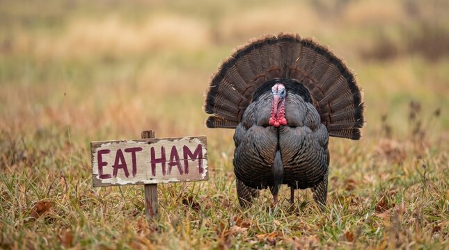 A beautiful wild turkey confidently displays its feathers in a golden autumn field near a funny sign playfully suggesting to eat ham instead