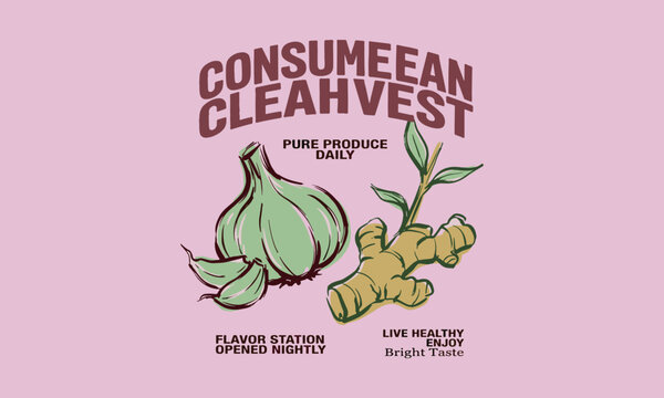 Vintage produce illustration featuring garlic and ginger with healthy living graphic text