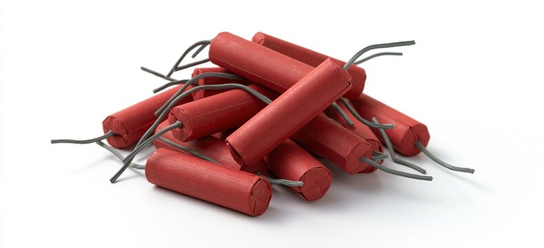 Red dynamite sticks with fuses piled on white