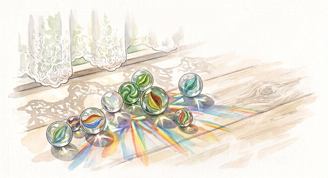 Watercolor illustration of colorful vintage glass marbles on sunny wooden windowsill with lace curtain shadow and vibrant rainbow light reflections
