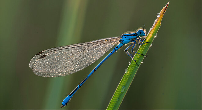 Blue damselfly resting on a dewy grass blade in soft light
