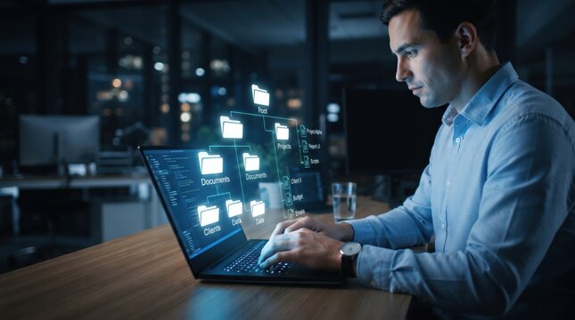 Professional software developer working late at night in a modern office, typing on a laptop with a futuristic holographic file directory tree projected in augmented reality above the screen.