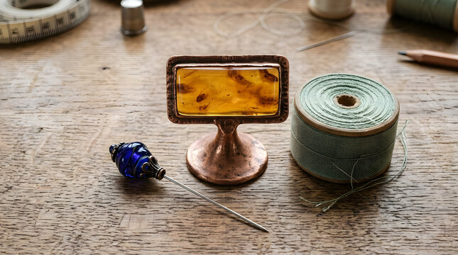 Macro Overhead Blank Amber Milliner Hat Block Label on Copper Stand with Sage Ribbon Roll and Indigo Pin