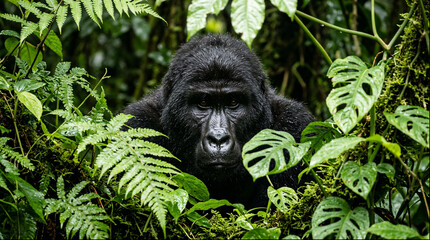 Mountain gorilla peering through dense green rainforest foliage © Fotkrat
