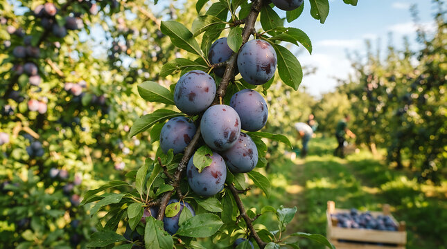 Fresh ripe purple plums hanging on a tree branch in a sunny orchard