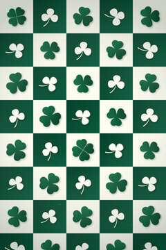 A Decorative Background Pattern Featuring Green and White Shamrocks and Lucky Four Leaf Clovers for Celebration