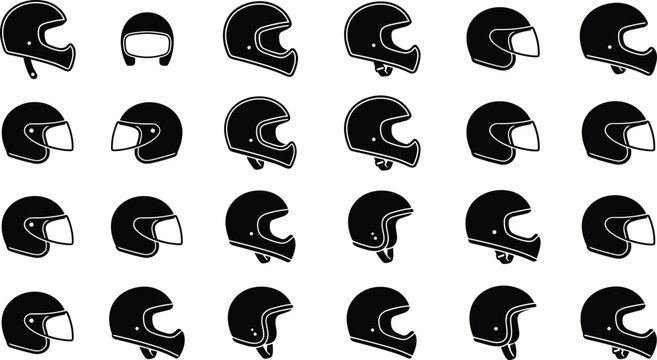 Motorcycle Helmet Silhouette Icon Set with Vintage Full Face and Open Face Protective Headwear Designs for Biker and Motorsport Graphic Vectors
