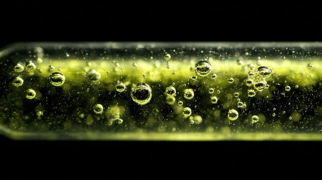 Macro glass tube filled with yellow liquid and suspended bubbles, closeup chemistry scene showing droplet sizes, reflective glass edges, textured surface and highcontrast scientific atmosphere