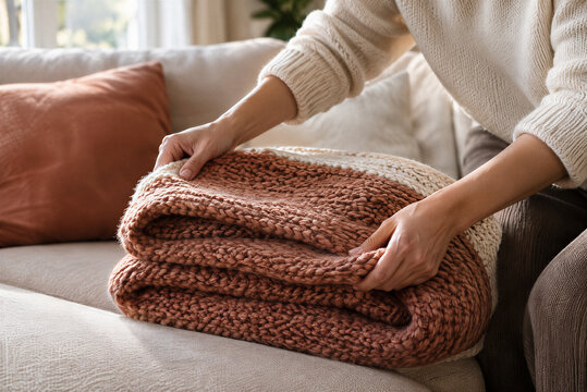 Cozy terracotta knit blanket on sofa, woman folding warm wool throw, soft hygge home interior with textured pillows and neutral decor