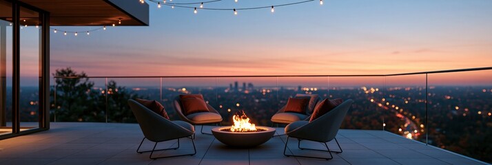 Obraz premium Modern rooftop terrace with fire pit and lounge chairs at sunset over city skyline for background and banner design