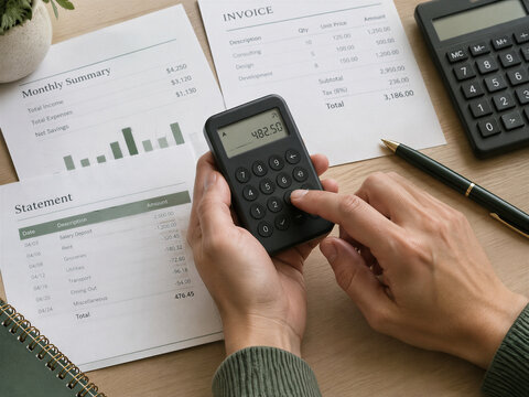 Financial accounting with calculator and invoice documents, person managing monthly budget and business expenses, professional bookkeeping desk