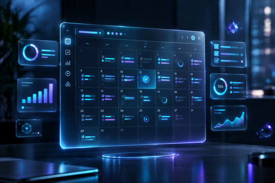 Futuristic digital calendar interface with glowing neon data charts, holographic business schedule planner, abstract blue tech dashboard for project management