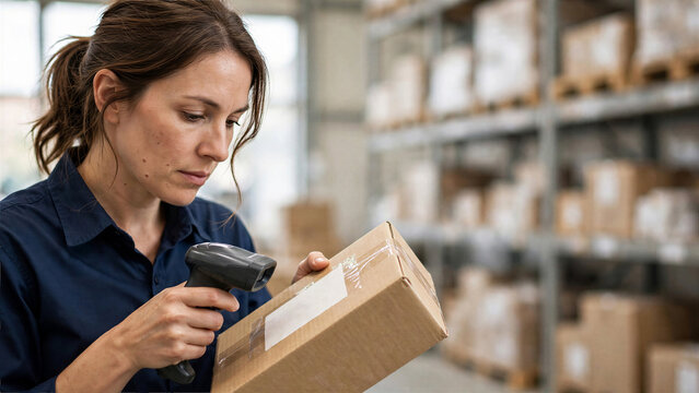 Warehouse manager scanning parcel barcode and inspecting stock package in fulfillment logistics center