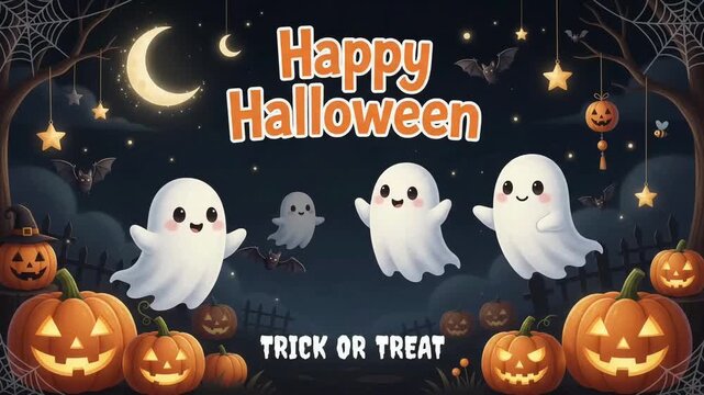 Joyful group of cute floating ghosts and glowing pumpkins in a kids friendly Happy Halloween animated video background
