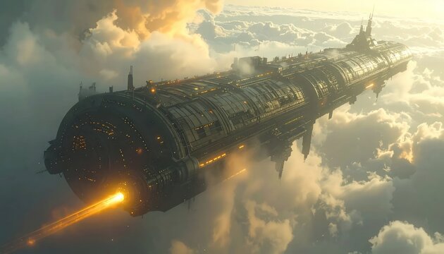 Futuristic Battleship Soaring Through Cloudy Skies with Blazing Cannon.