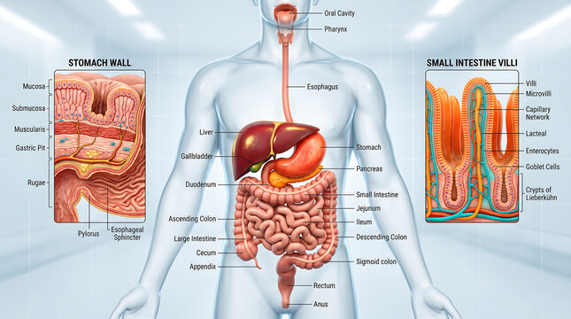 Detailed Anatomical Illustration Of Human Digestive System Showing Oral Cavity Esophagus Liver Stomach Pancreas Intestines Colon With Stomach Wall And Small Intestine Villi Histology Insets