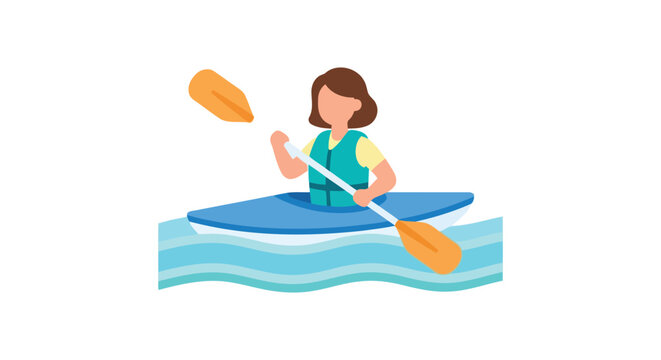 Kayaker paddling a blue boat on wavy water flat vector illustration