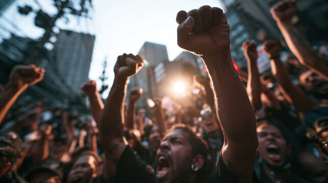 Protesters Raising Fists During Demonstration in City Street
