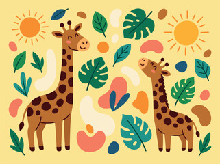Obraz premium Wildlife and jungle flat illustration with giraffes leaves and sun shapes for print design in colorful vector style