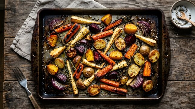 Sheet pan of roasted mixed root vegetables and onions with herbs on wooden surface.