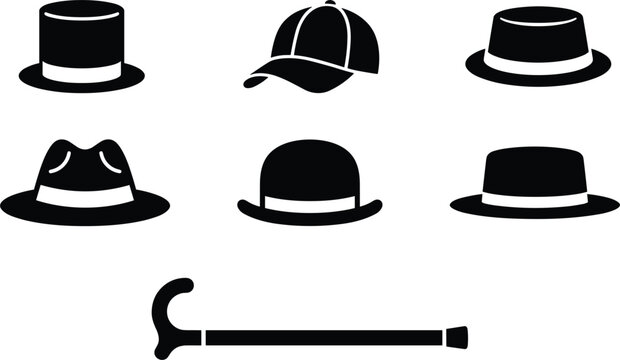 Black silhouette gentleman fashion accessories vector icon set containing various classic hats caps and a walking stick