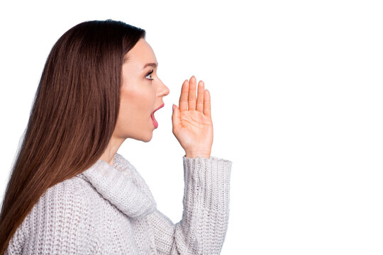 Profile side photo of impressed girl share private information shout wow omg unbelievable wonderful sales wear fashionable jumper isolated over blue color background